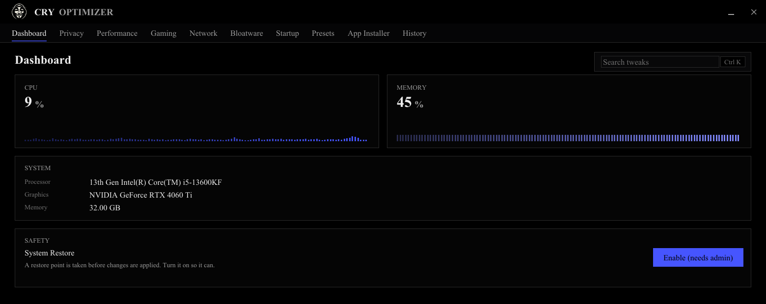 CRY Optimizer dashboard: live CPU and memory readouts, system info, and a System Restore safety card.