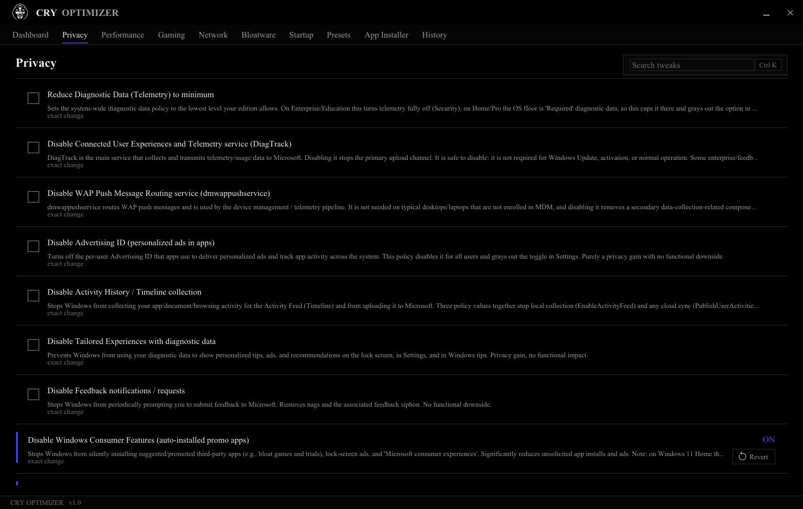 CRY Optimizer Privacy category: a flat list of tweaks, each with a checkbox and the exact registry change one click away.